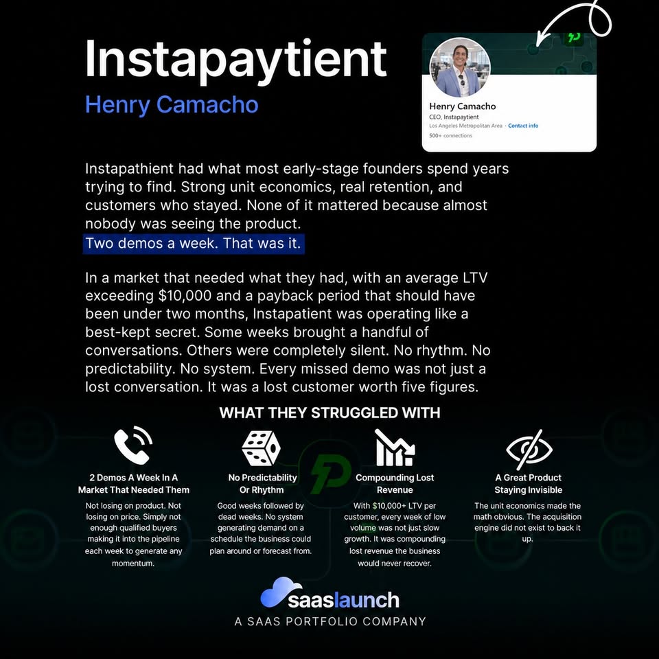 Instapatient results detail text page from the public SaaSLaunch Facebook portfolio