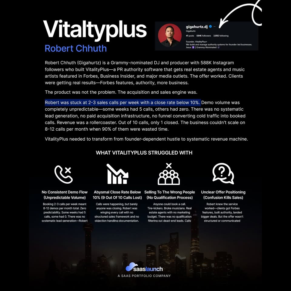 VitalityPlus results detail text page from the public SaaSLaunch Facebook portfolio
