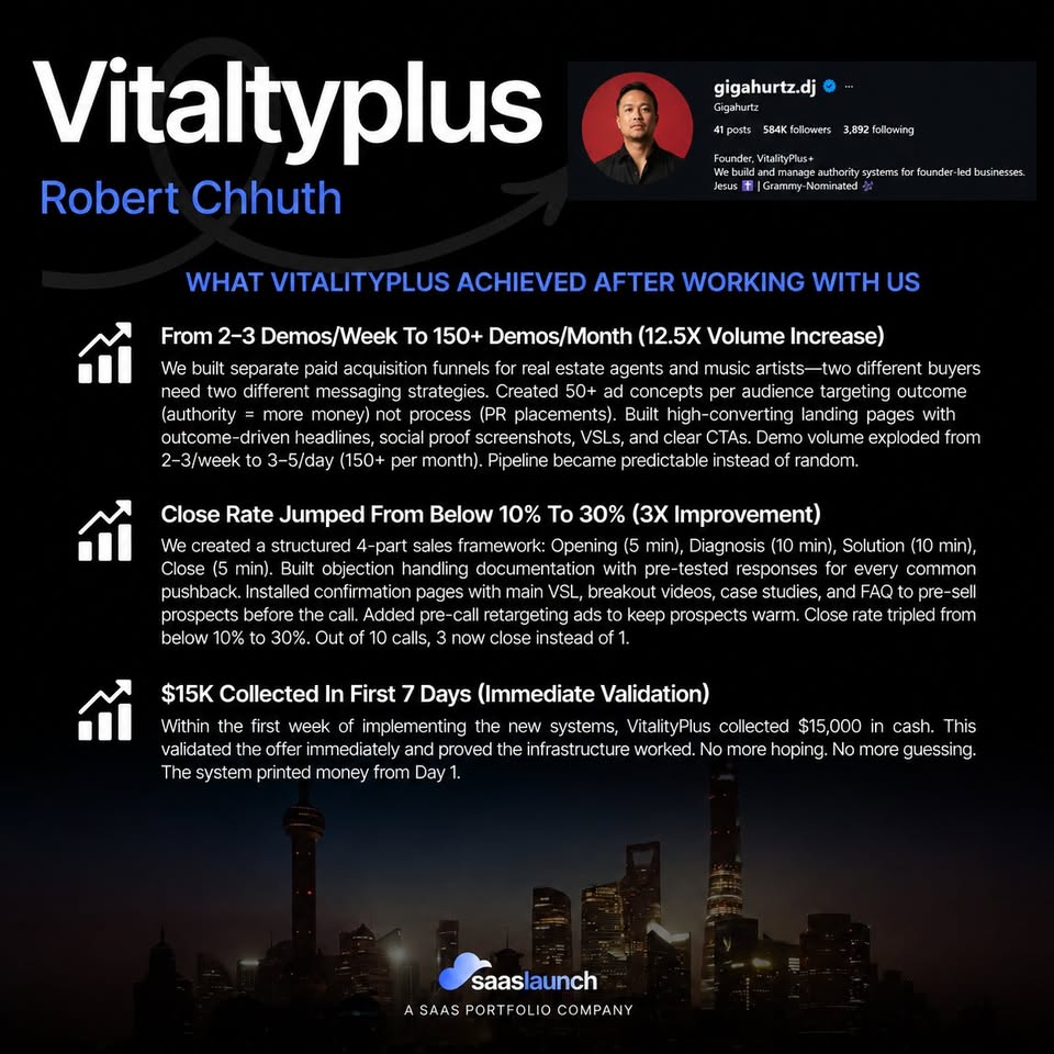 VitalityPlus achievement text page from the public SaaSLaunch Facebook portfolio