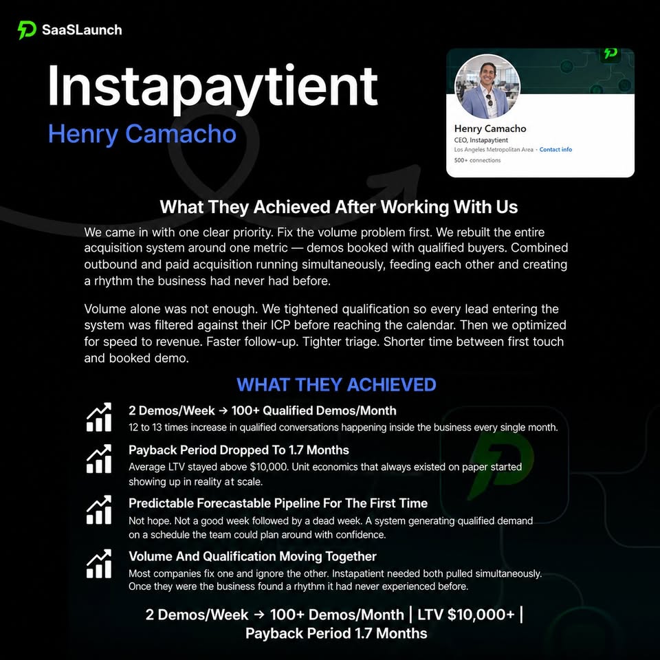 Instapatient achievement text page from the public SaaSLaunch Facebook portfolio