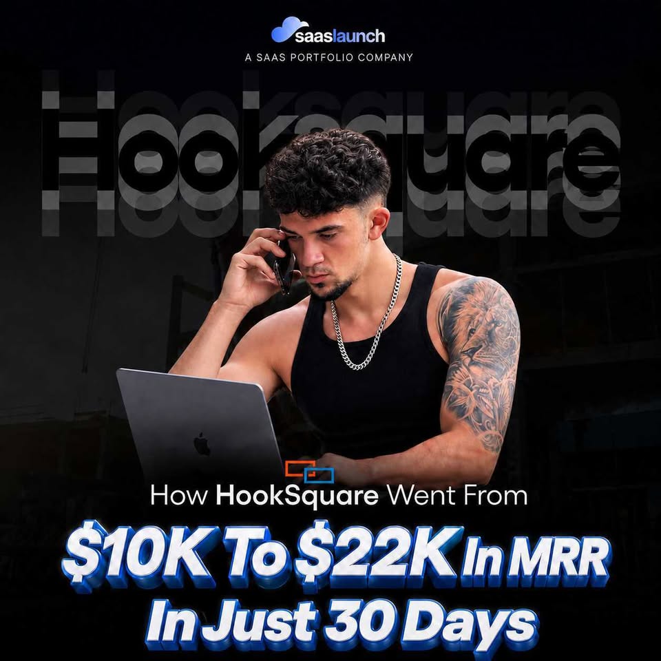 HookSquare founder result graphic featuring Damian Di Iorio from the public SaaSLaunch Facebook portfolio