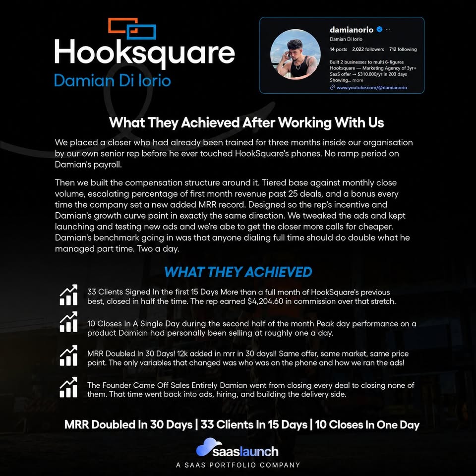 HookSquare results detail text page from the public SaaSLaunch Facebook portfolio